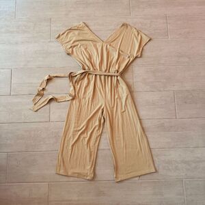 AnyBody Jumpsuit Beige Short Sleeve Wide Leg Romper V Neck Wrap-Over Bodice S
